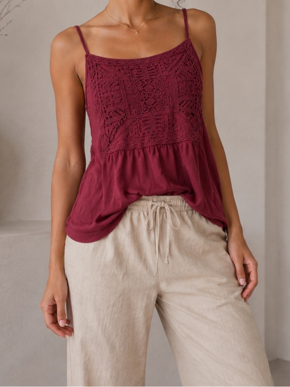 Old Navy Burgundy Crochet-Front Tank Top